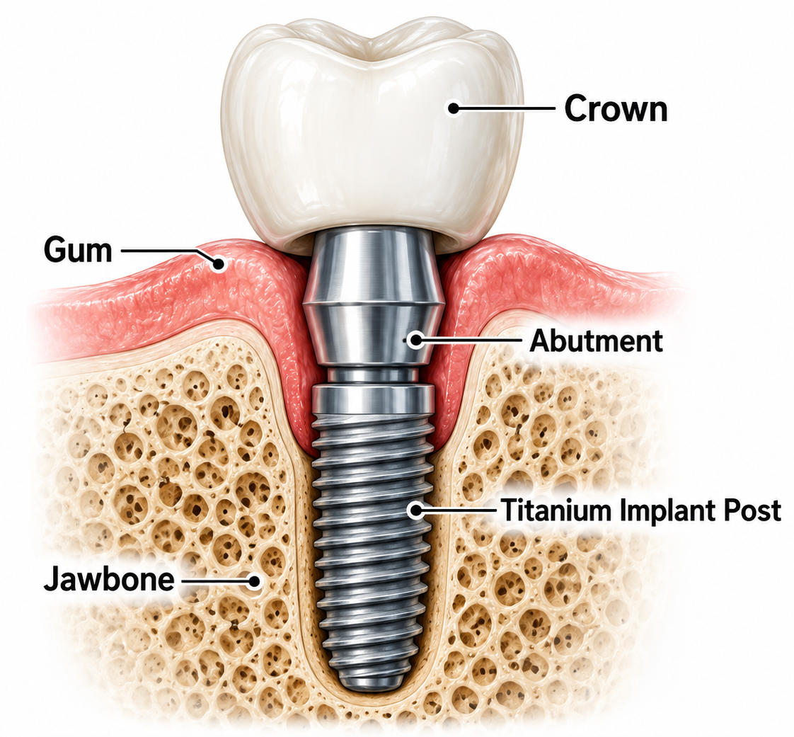 Dental implant anatomy showing the crown, abutment, titanium implant post, gum, and jawbone